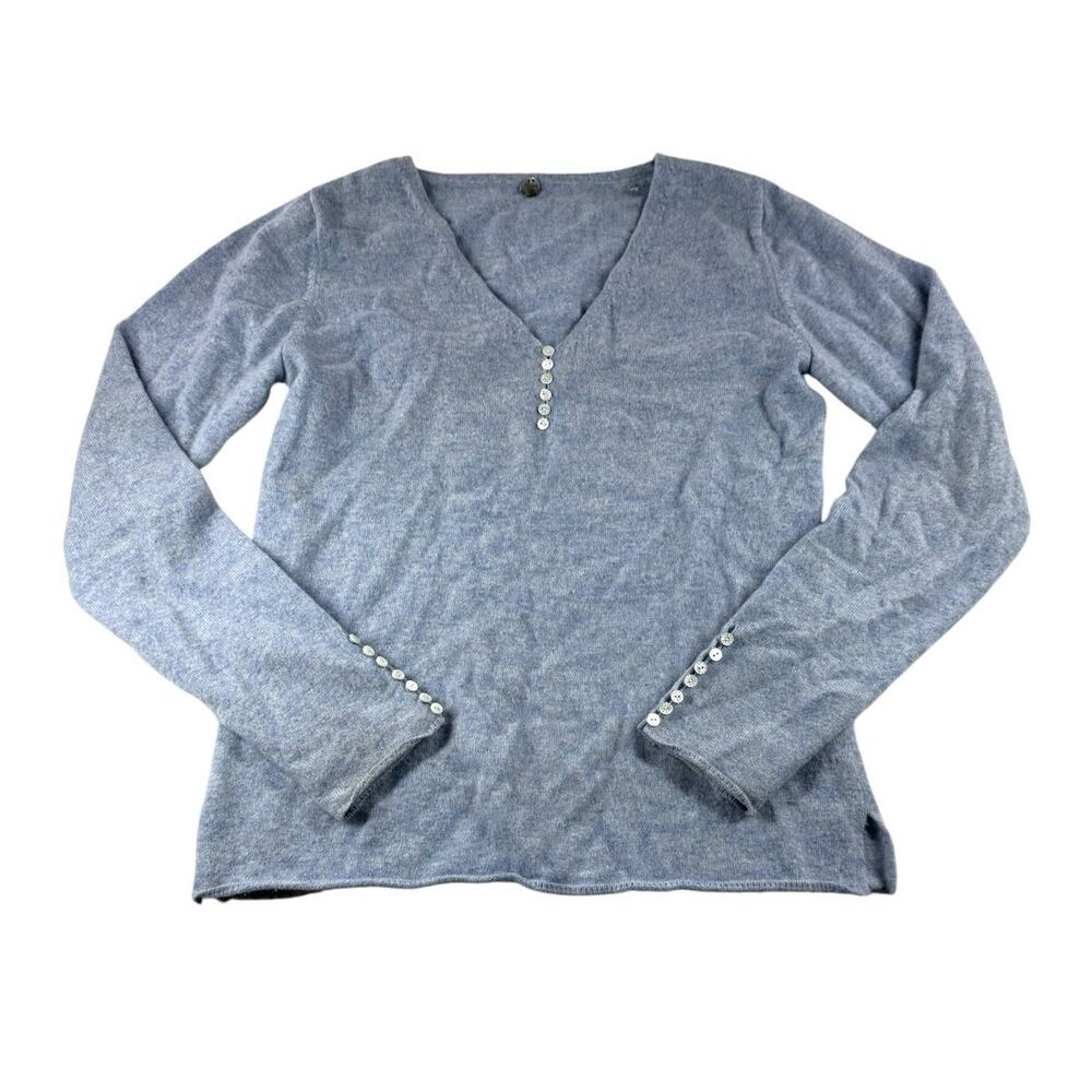 Margaret O'Leary Cashmere Henley Sweater M Light Blue Button Front Pullover